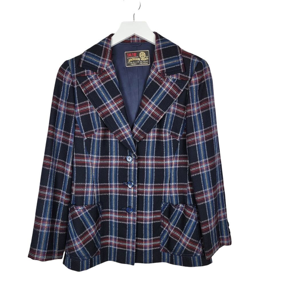 Vintage Jackson Wang Wool Blend Classic Plaid Three-Button Patch Pocket Blazer